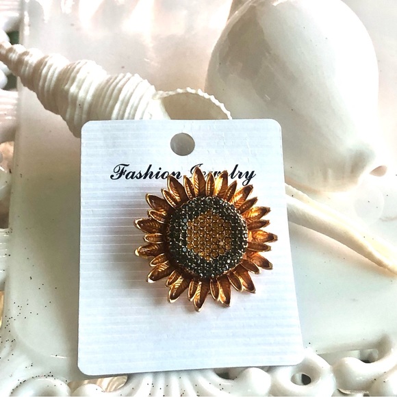 NWT! Enamel & Charcoal Gray Rhinestone Sunflower Brooch Pin - Picture 2 of 4